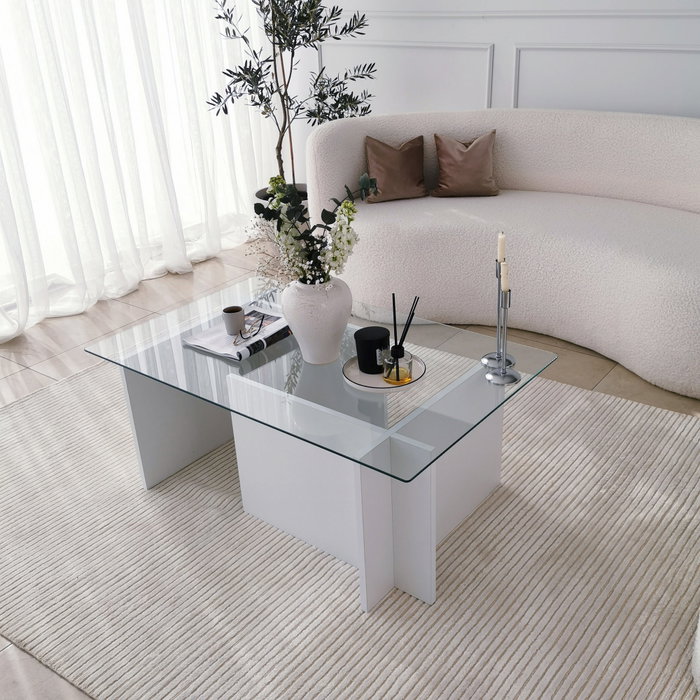 Hanah Home Escape Mesa de Centro Blanca con Cristal Templado Hanah Home Escape Mesa de Centro Blanca con Cristal Templado